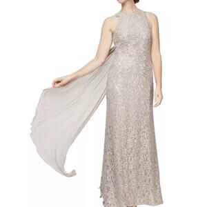 ALEX & EVE SZ 6 M Mauve Flyaway-Back Sequin Lace Halter Maxi Gown NWT B41 *flaw